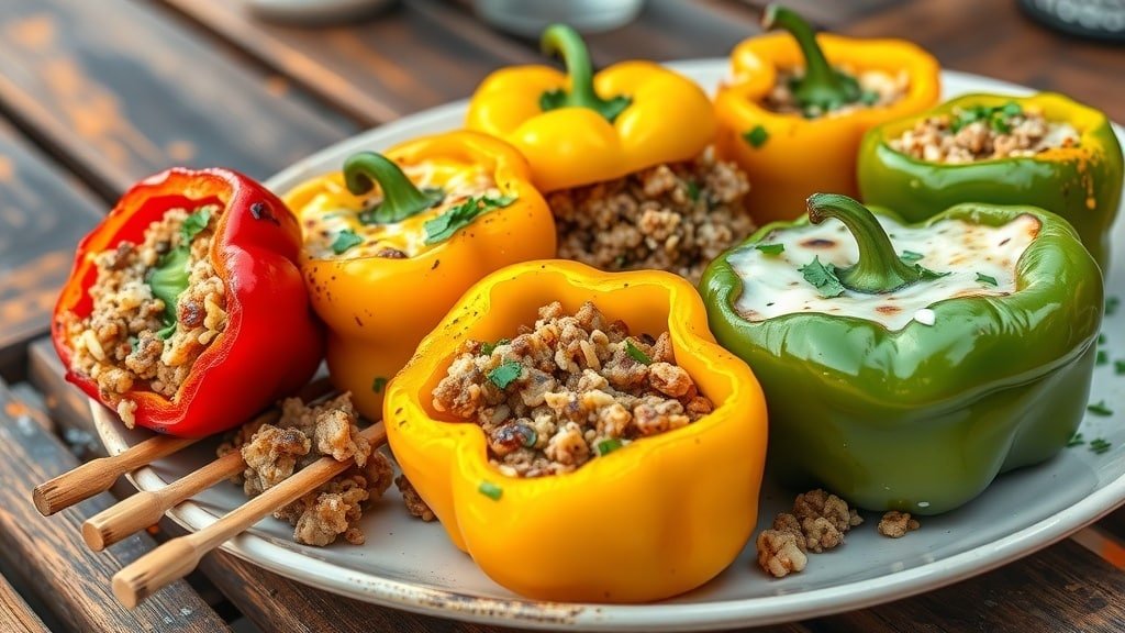 Grilled stuffed bell peppers filled with meat and rice, garnished with herbs on a wooden table.
