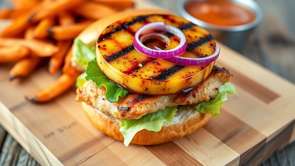 Grilled Hawaiian Chicken Sandwich with pineapple, lettuce, and onion on a wooden board with sweet potato fries.