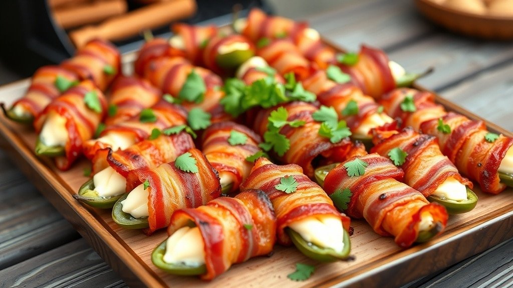 Grilled bacon wrapped jalapeño poppers on a wooden platter, garnished with cilantro.