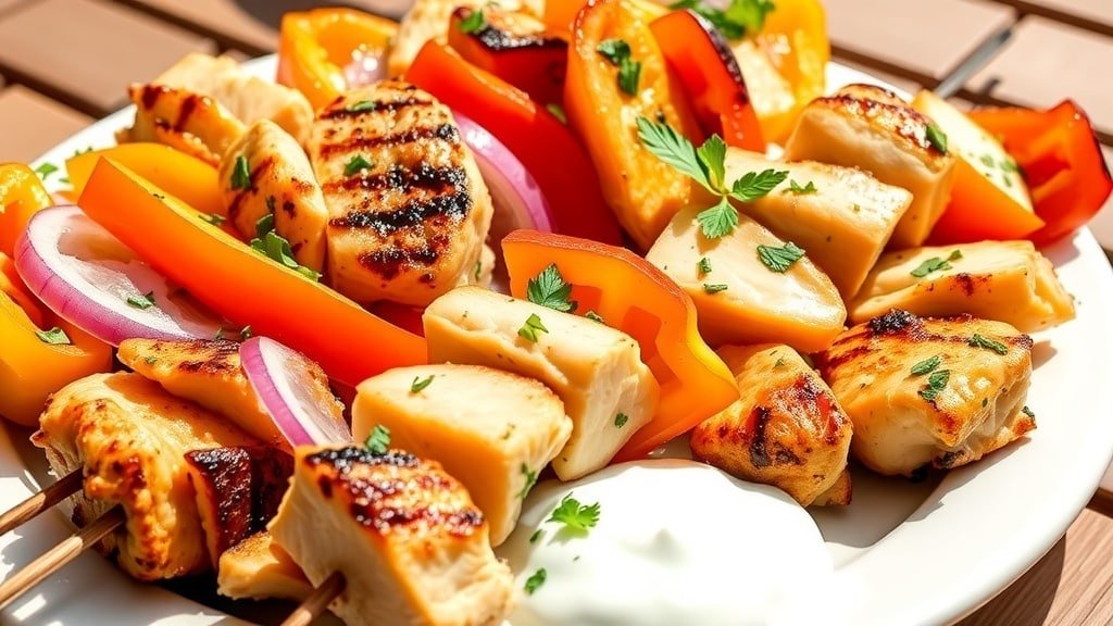 Grilled Mediterranean chicken skewers with bell peppers and onions, served with tzatziki sauce on a sunny outdoor table.