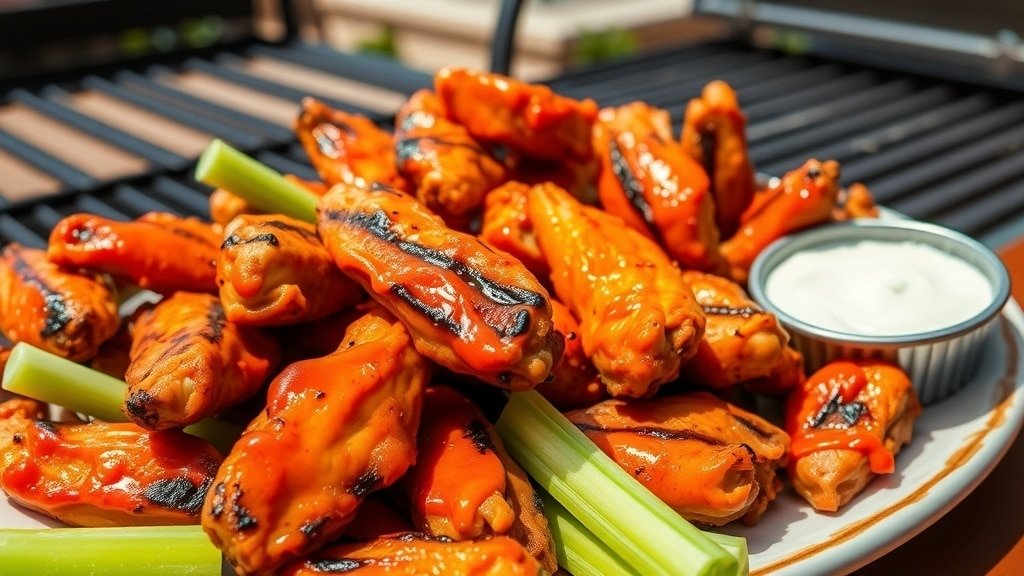 A delicious platter of grilled buffalo chicken wings with celery sticks and blue cheese dressing.