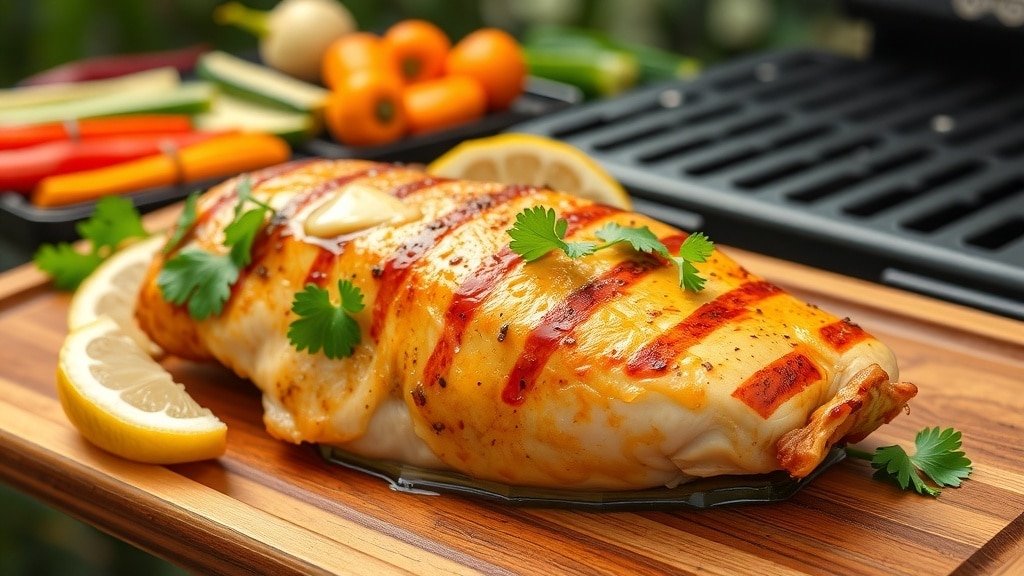 Grilled garlic butter chicken breast garnished with parsley and lemon on a wooden platter.