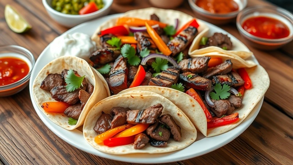 Grilled steak fajitas with bell peppers and onions in tortillas, garnished with cilantro, served with sour cream and guacamole.