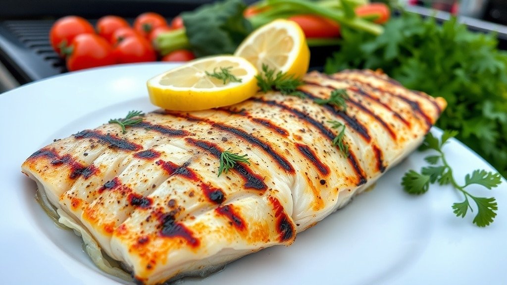 Grilled tilapia fillet with dill and lemon slices on a plate, set against an outdoor grilling backdrop.