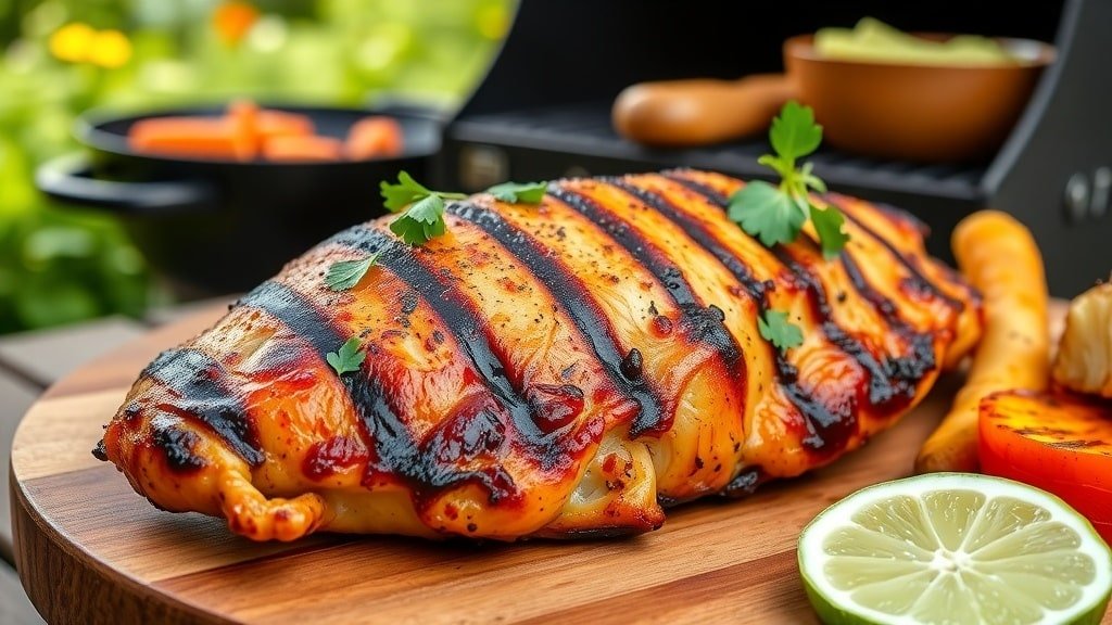 Grilled Cajun chicken breast garnished with parsley, served with grilled vegetables and lime on a wooden platter.