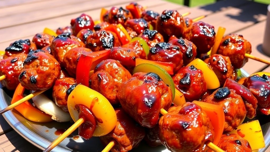 Grilled BBQ meatball skewers with bell peppers and onions on a picnic table.
