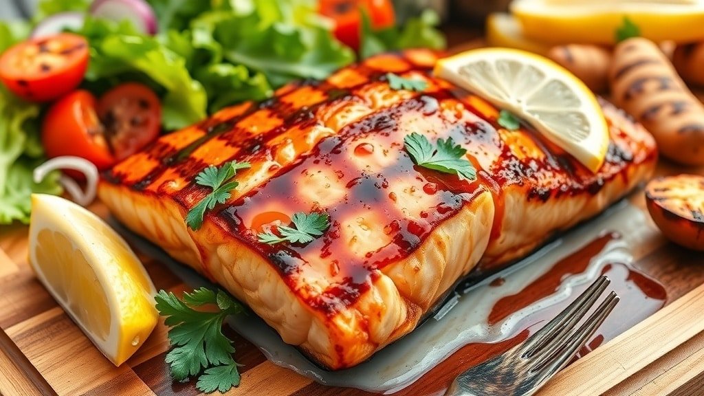 Grilled salmon fillet with maple glaze, garnished with parsley and lemon, served on a wooden platter.