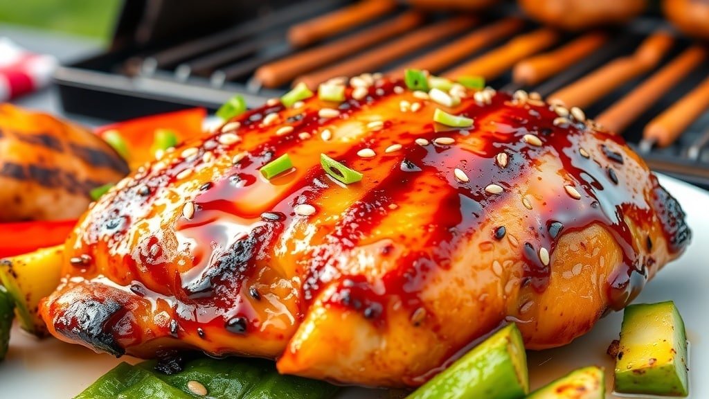 Grilled honey soy chicken breast garnished with sesame seeds and green onions, served with grilled vegetables.