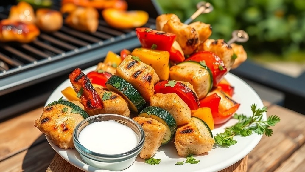Grilled ranch chicken skewers with bell peppers and zucchini on a plate, served with ranch dressing.