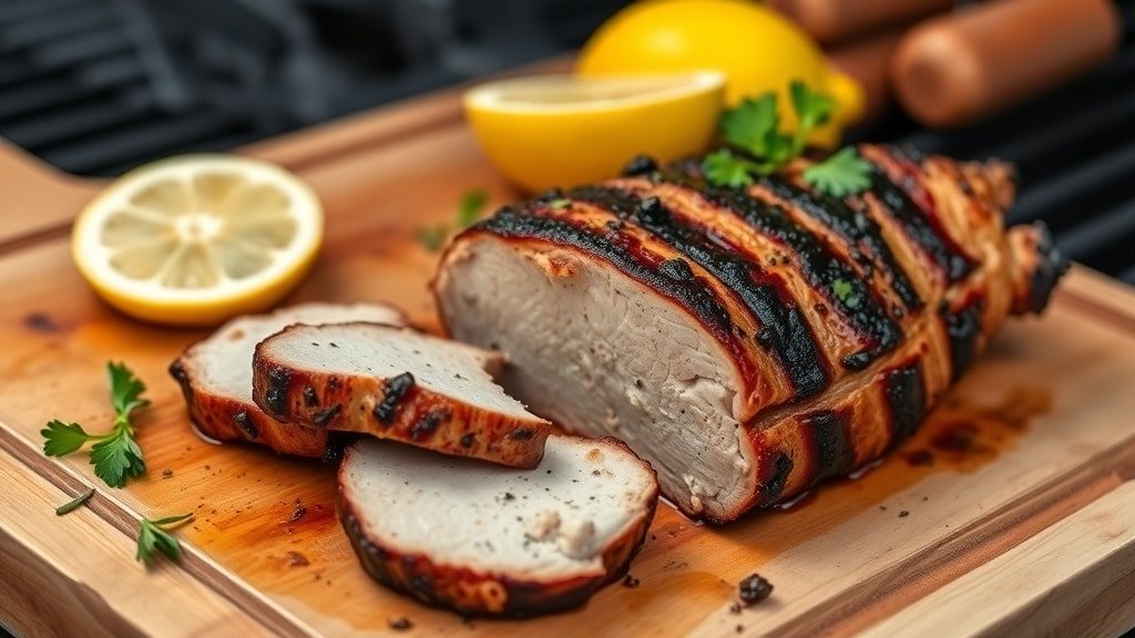 Sliced grilled pork tenderloin on a cutting board, garnished with herbs and lemon, with a grill in the background.