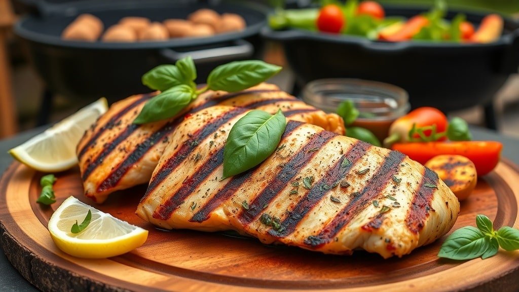 Grilled Italian chicken breast garnished with basil and lemon, served with grilled vegetables.