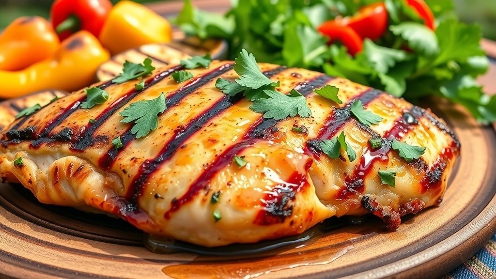Grilled chicken breast with honey lime glaze, garnished with cilantro, served with grilled vegetables and salad.