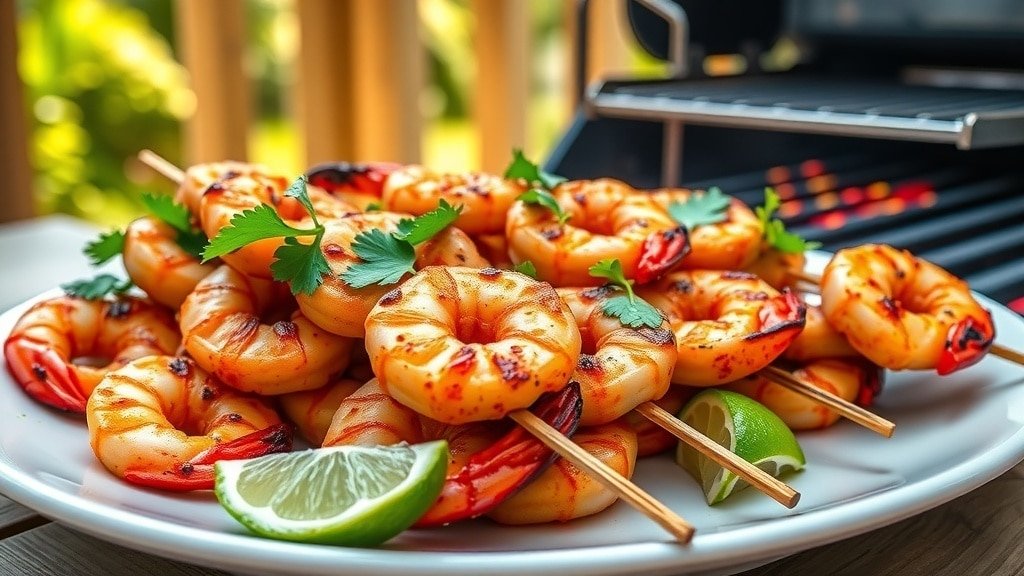 Grilled chili lime shrimp skewers garnished with cilantro and lime, ready to serve at an outdoor barbecue.