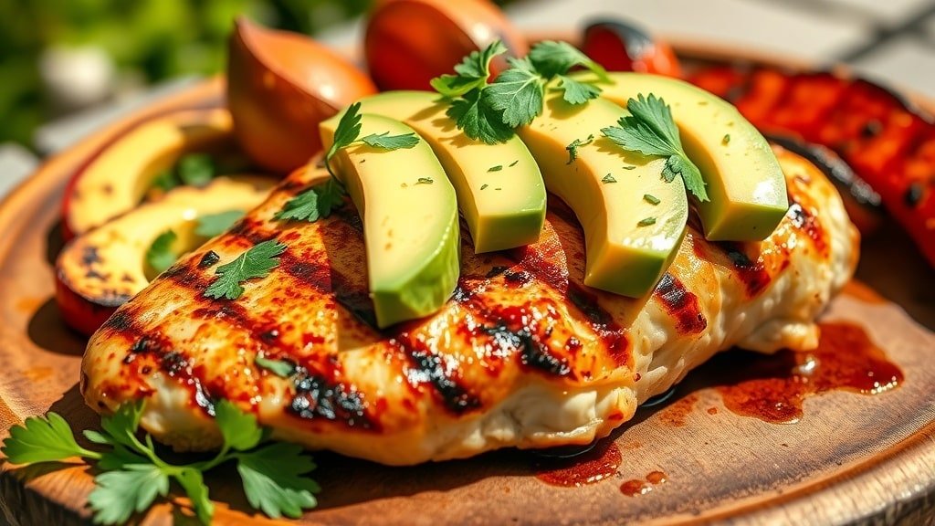 Grilled chicken breast with avocado slices and cilantro on a wooden plate, with grilled vegetables in a sunny outdoor setting.