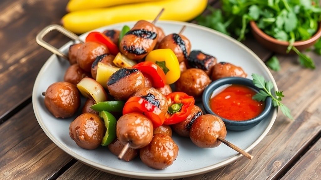 Grilled spicy sausage skewers with bell peppers and onions on a plate, served with dipping sauce.