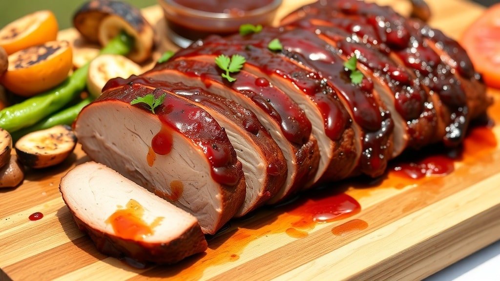 Grilled BBQ pork tenderloin sliced and garnished with parsley, served with grilled vegetables and barbecue sauce.