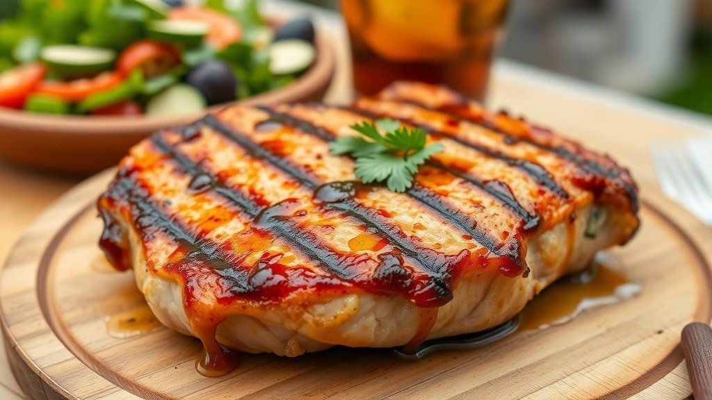 Grilled honey glazed pork chop on a wooden plate, garnished with parsley, with salad and iced tea in the background.