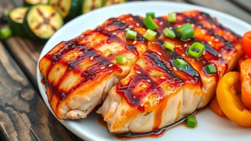 Grilled teriyaki salmon fillet garnished with green onions and sesame seeds on a plate with grilled vegetables.