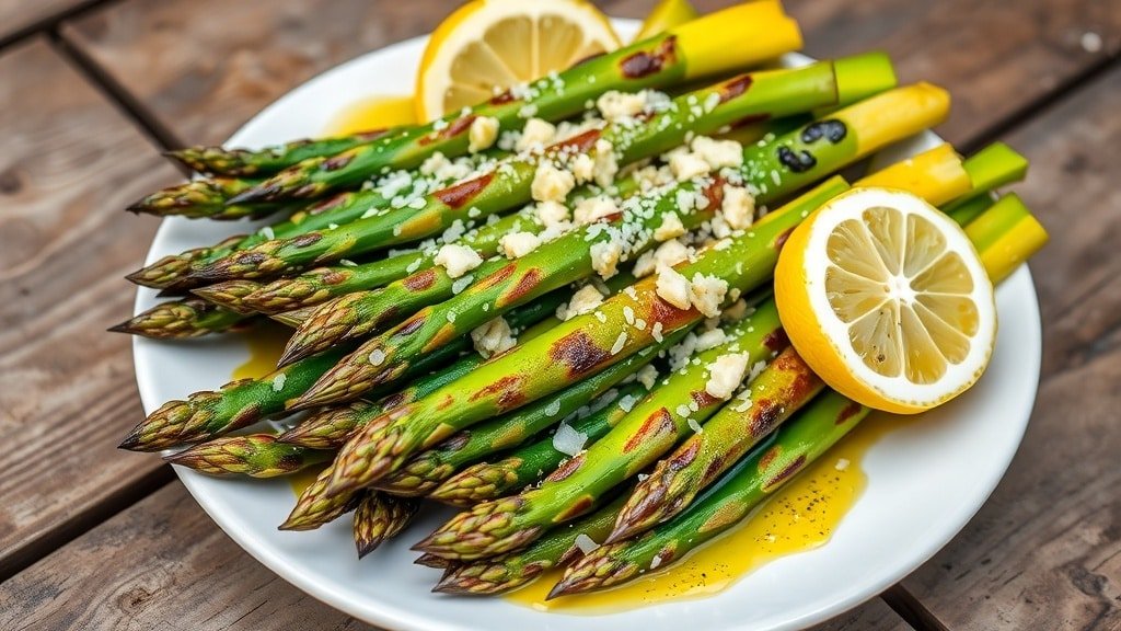 Grilled asparagus with Parmesan cheese and lemon wedges on a rustic wooden table.