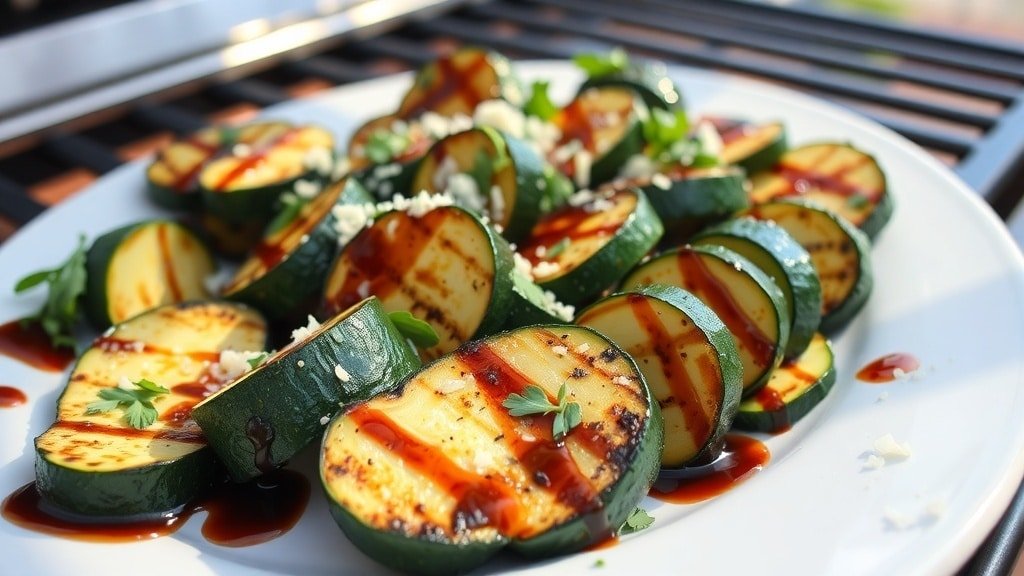 Grilled balsamic zucchini slices on a platter, garnished with herbs and Parmesan cheese, ready to serve.