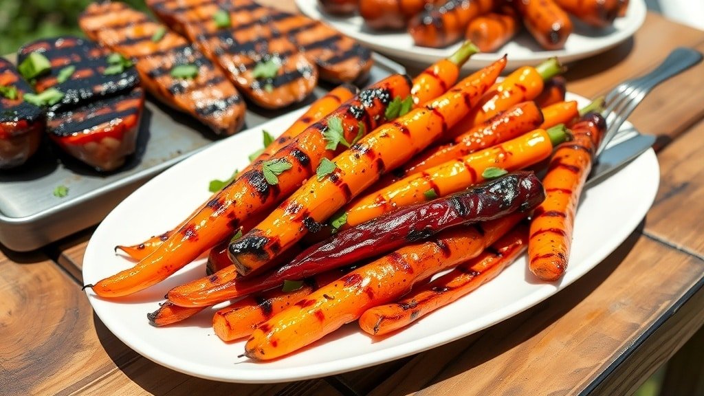 Grilled honey glazed carrots on a plate, garnished with herbs, served outdoors.