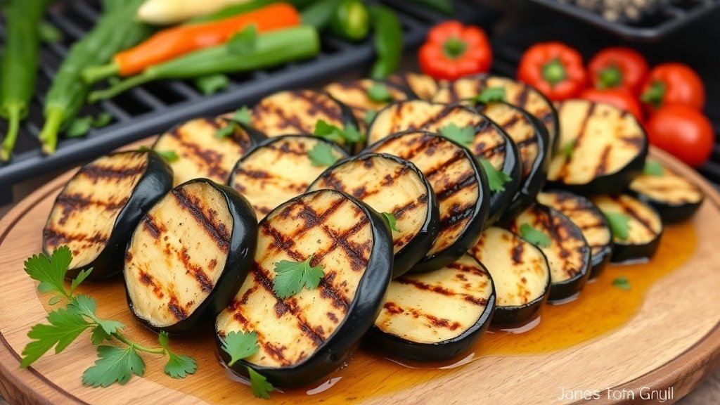 Grilled Mediterranean eggplant slices garnished with parsley on a wooden platter, with a grill in the background.