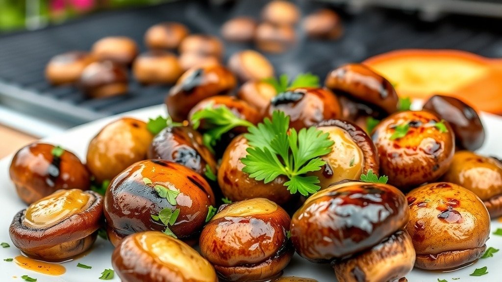 Grilled garlic butter mushrooms on a plate, garnished with parsley, ready to be served at a summer barbecue.