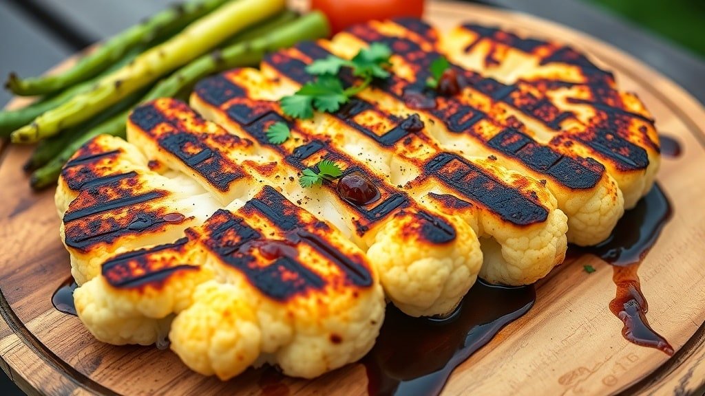 Grilled cauliflower steak garnished with parsley on a wooden platter with grilled vegetables.