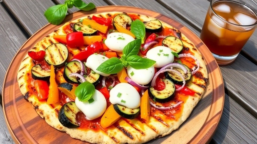 Grilled veggie flatbread with zucchini, bell peppers, and mozzarella cheese on a wooden board.