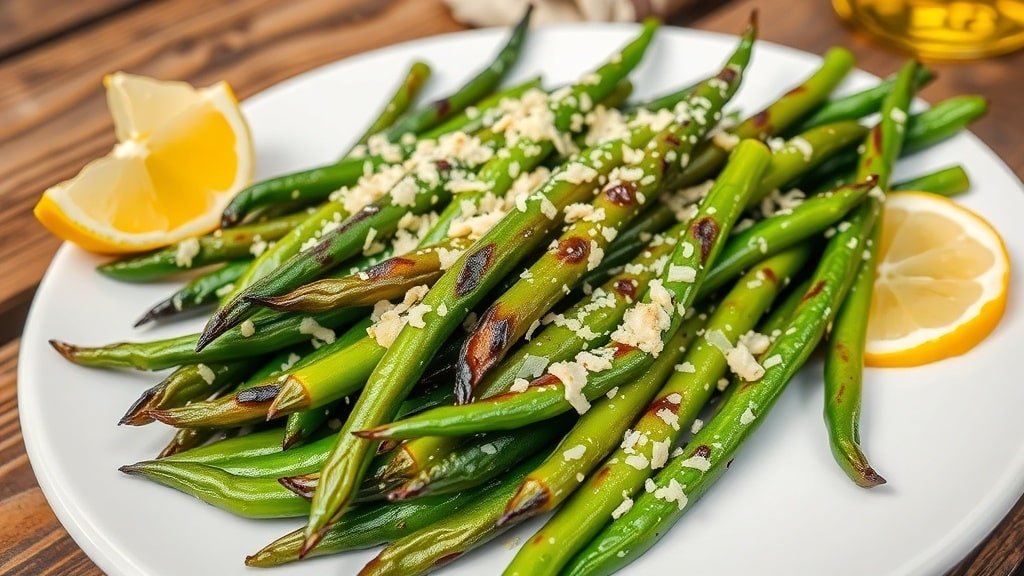 Grilled green beans with Parmesan cheese on a plate, garnished with lemon, on a rustic table.