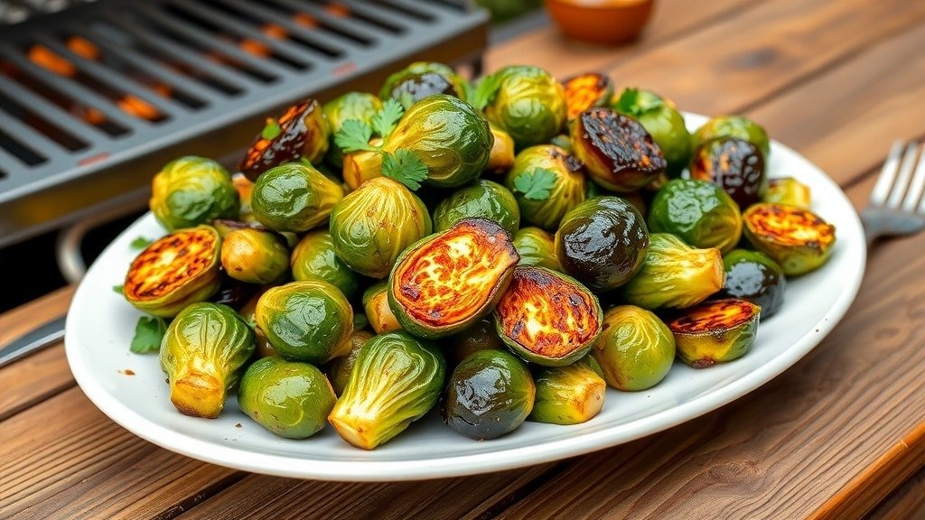 Grilled balsamic Brussels sprouts on a plate, garnished with parsley, with a grill in the background.