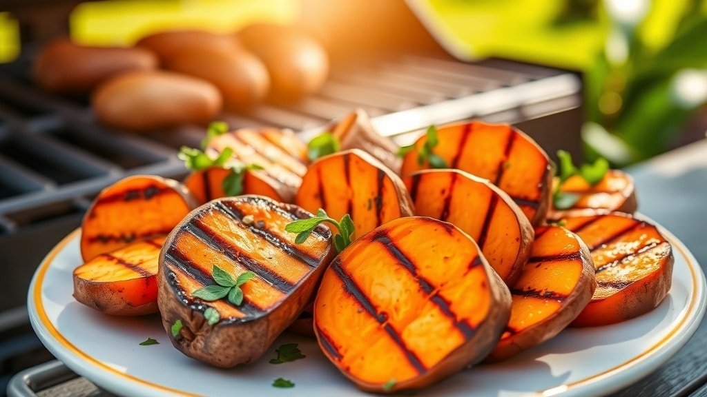 Grilled sweet potato slices on a plate, garnished with herbs, set in an outdoor grilling environment.
