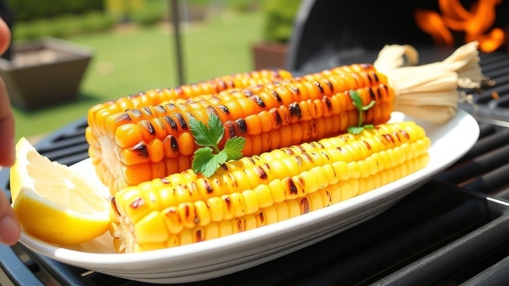 Grilled corn on the cob with honey butter glaze, garnished with parsley, on a sunny outdoor table.