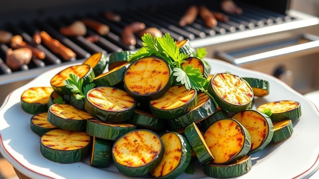 Grilled lemon pepper zucchini slices garnished with parsley on a platter, set against a sunny outdoor grilling scene.