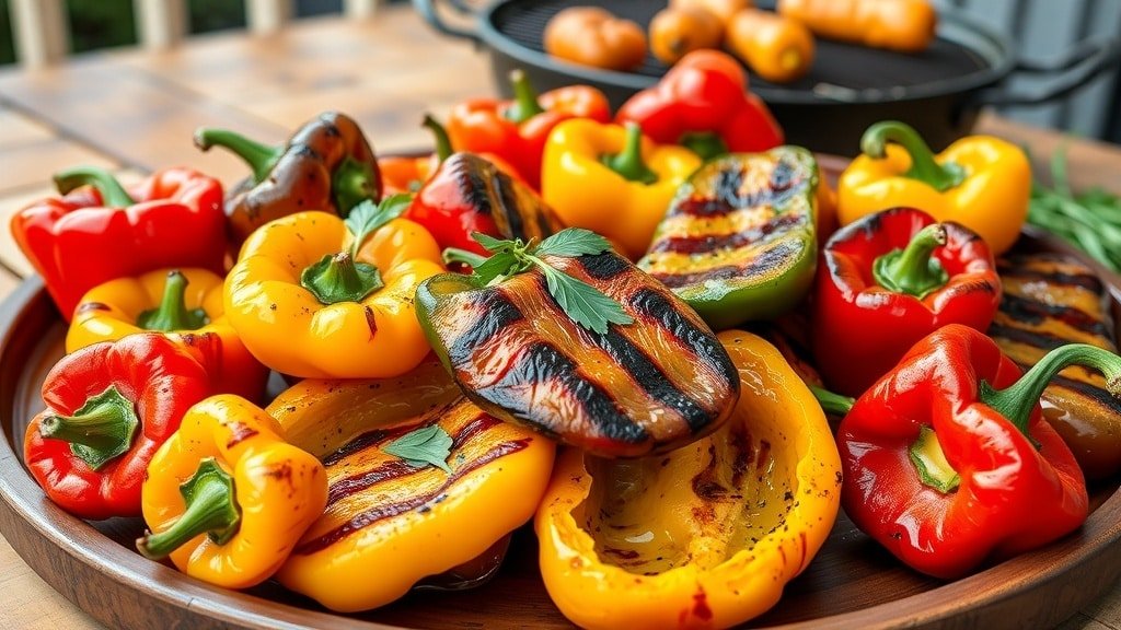 A colorful assortment of grilled bell peppers on a platter, garnished with herbs, ready for serving at a summer barbecue.