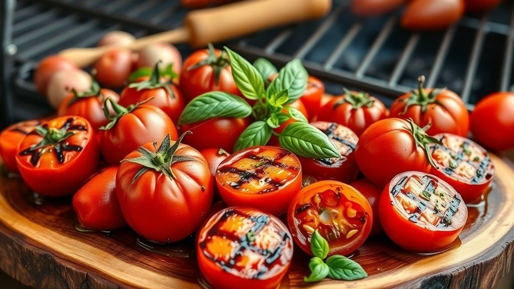 Grilled garlic herb tomatoes on a wooden platter, garnished with fresh herbs.
