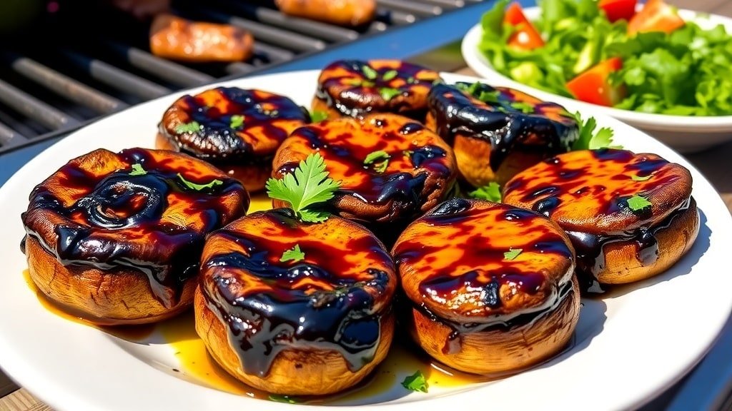 Grilled balsamic portobello mushrooms on a plate, garnished with parsley, next to a fresh salad.