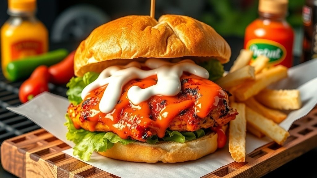 A spicy grilled buffalo chicken sandwich with lettuce and ranch dressing on a toasted bun, served with fries.