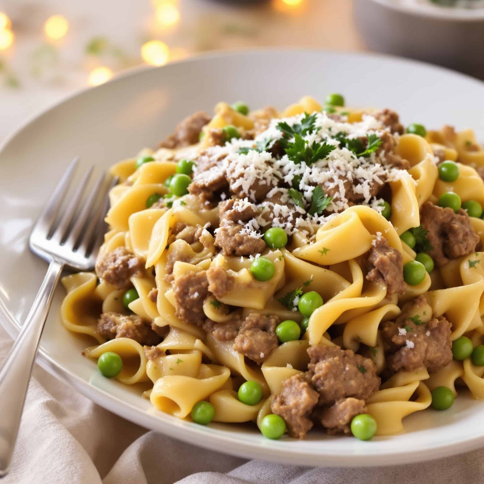 Creamy beef and pea pasta in a bowl topped with Parmesan cheese and parsley.