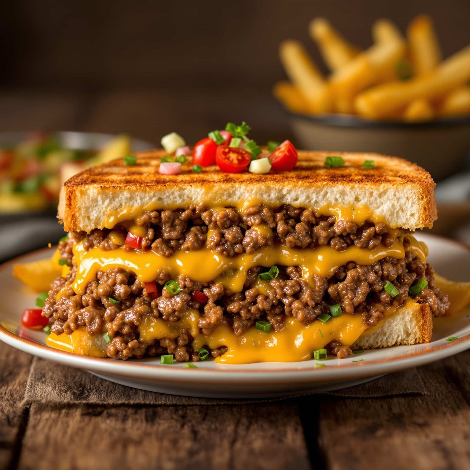Toasted ground beef sandwich melt with melted cheese and garnished with toppings, served with fries.