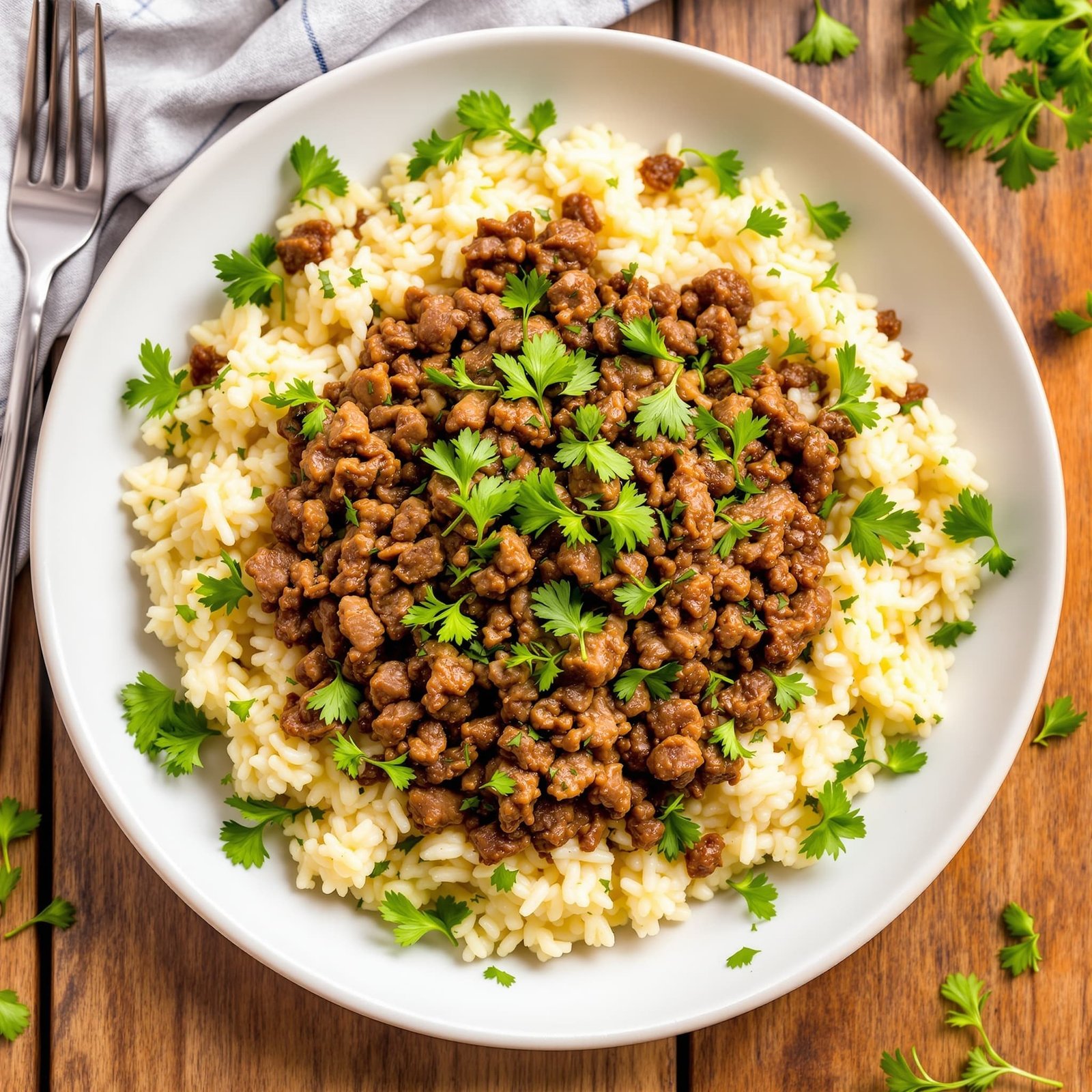 Savory beef and garlic herb rice on a plate with herbs and fresh parsley garnish.