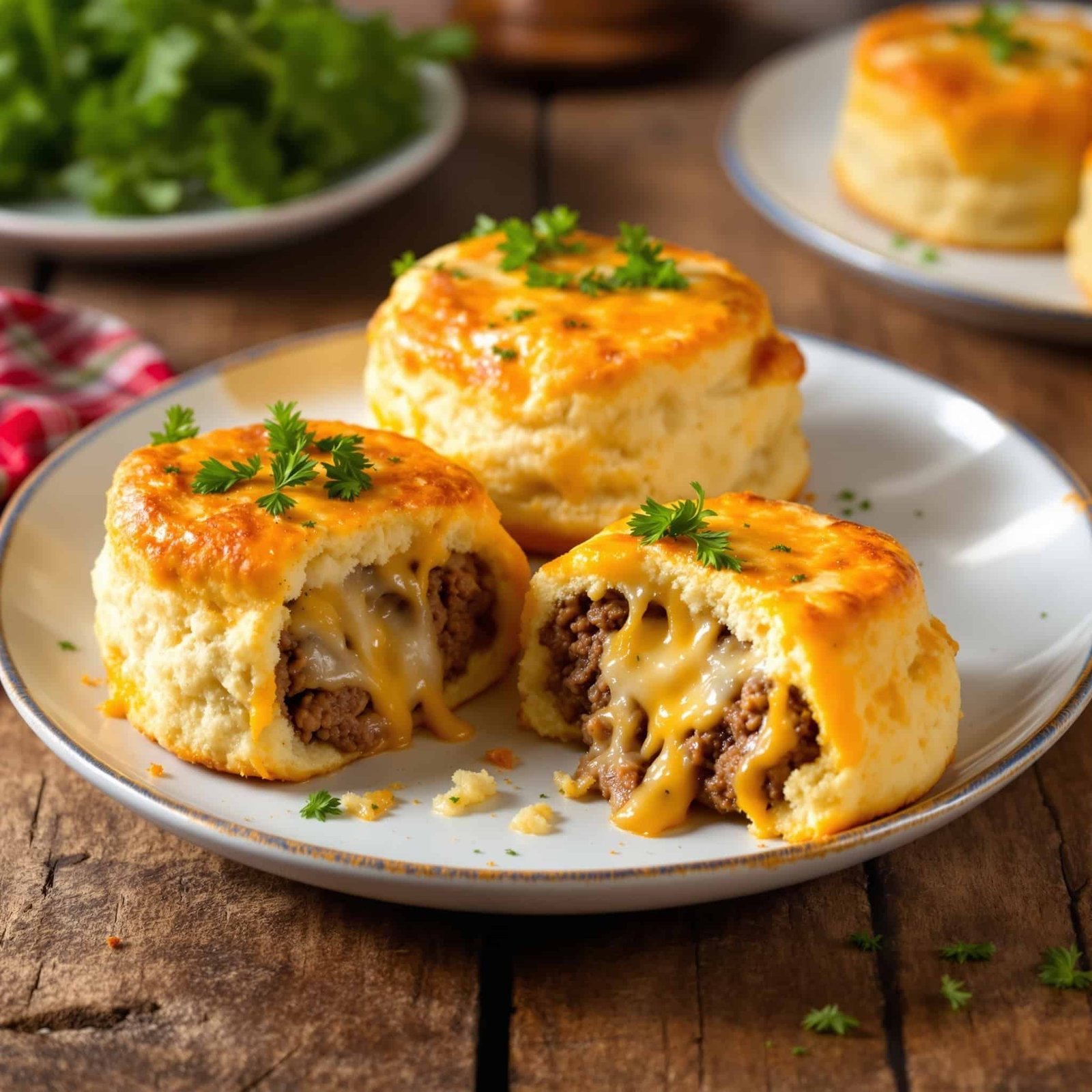 Golden brown cheesy beef stuffed biscuits filled with ground beef, displayed on a rustic plate.