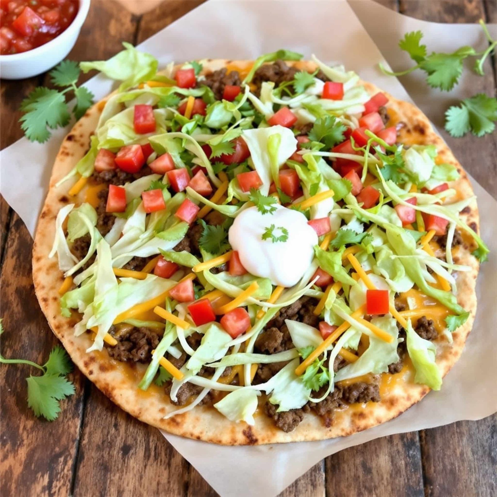 Ground Beef Taco Flatbread topped with cheese, lettuce, and tomatoes, served on a wooden table with salsa.