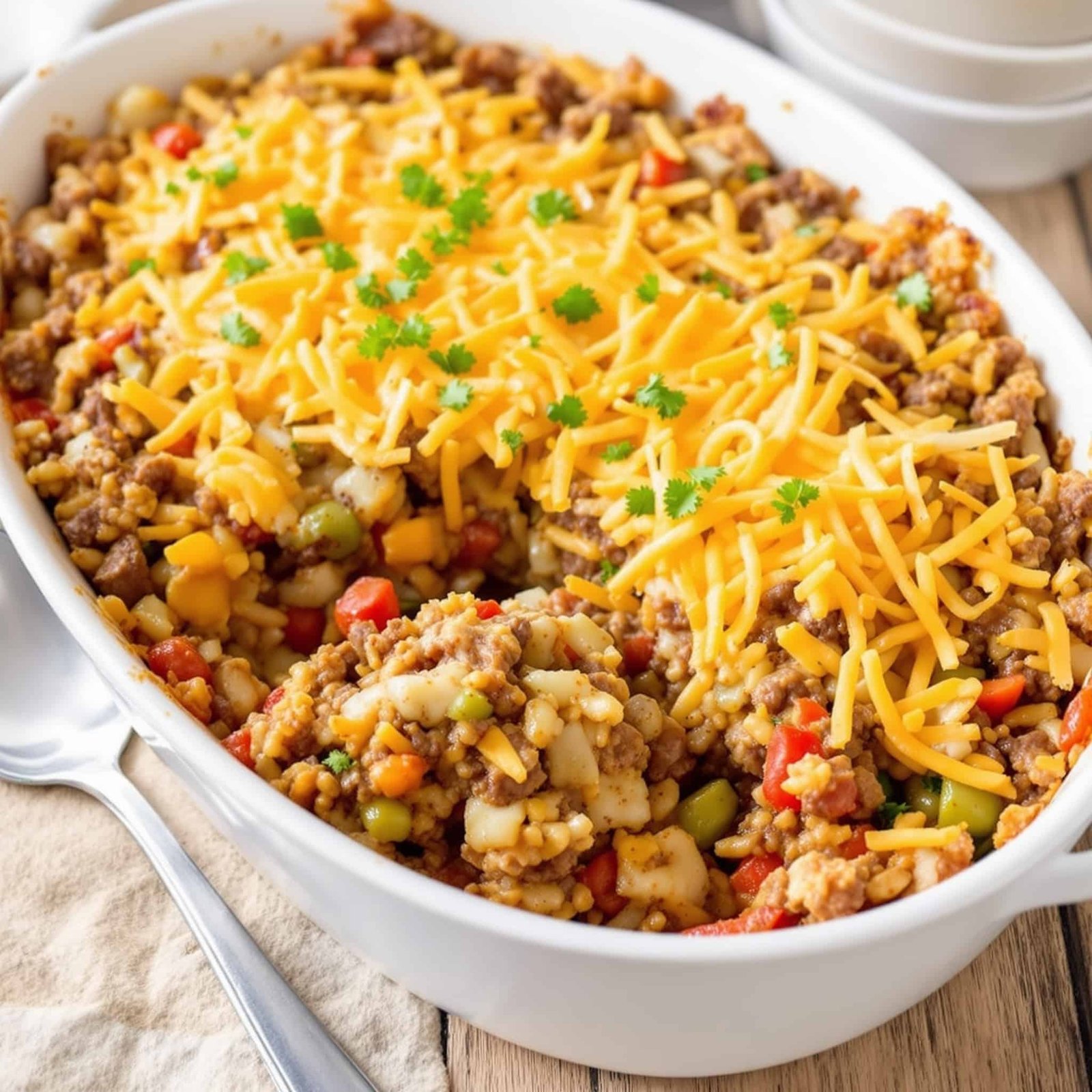 Ground beef and rice casserole with melted cheddar cheese on a rustic table.