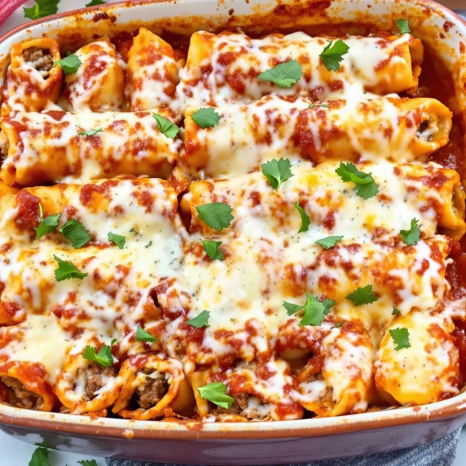 Baked cheesy beef stuffed pasta tubes with marinara sauce and melted cheese, garnished with basil in a rustic dish.