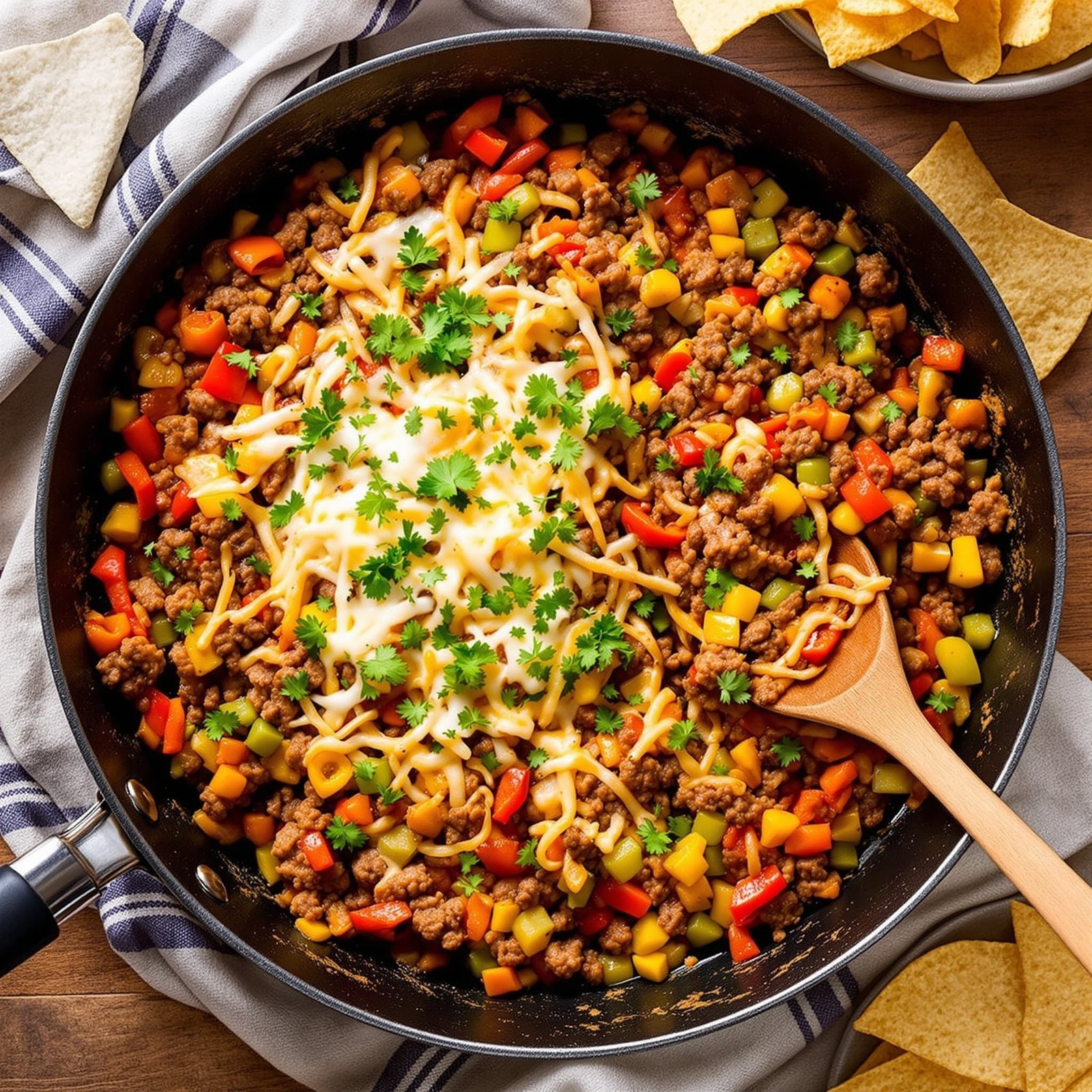 A delicious ground beef and pepper skillet garnished with parsley, served with tortilla chips on the side.