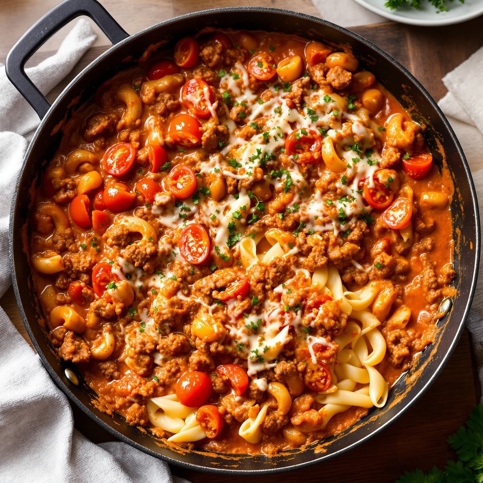 A creamy beef tomato skillet with ground beef and tomatoes served over pasta, garnished with cheese and herbs.