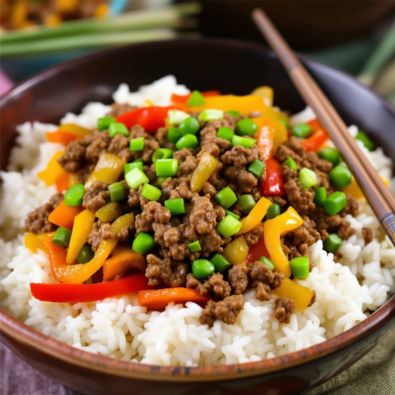 A colorful plate of beef and garlic rice stir fry with vegetables.