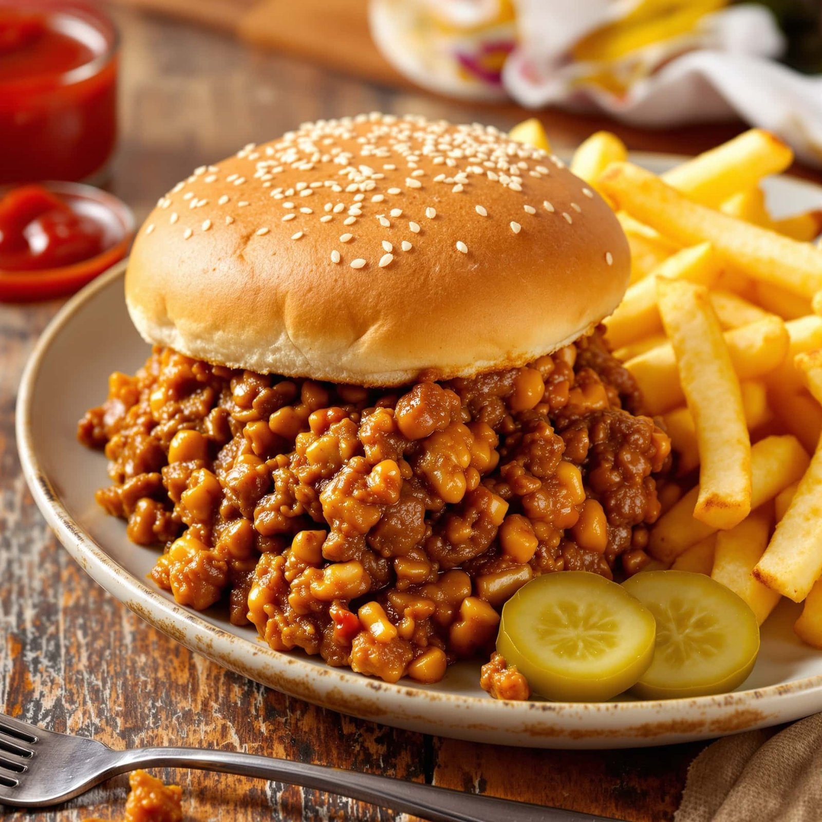 A satisfying beef sloppy joe sandwich with fries and pickles, served on a rustic wooden table.