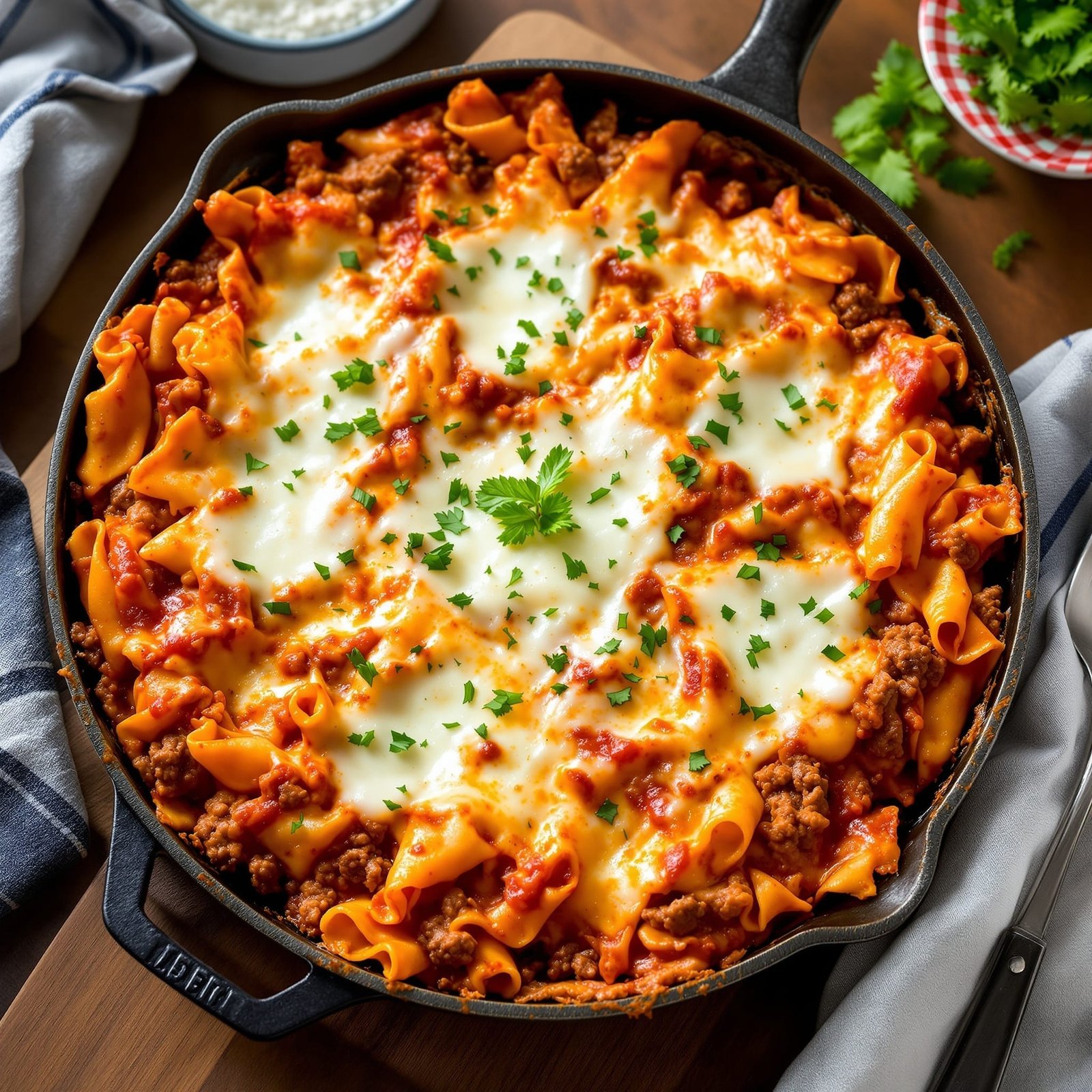 Cheesy beef skillet lasagna with layers of pasta and melted cheese, garnished with herbs on a wooden table.